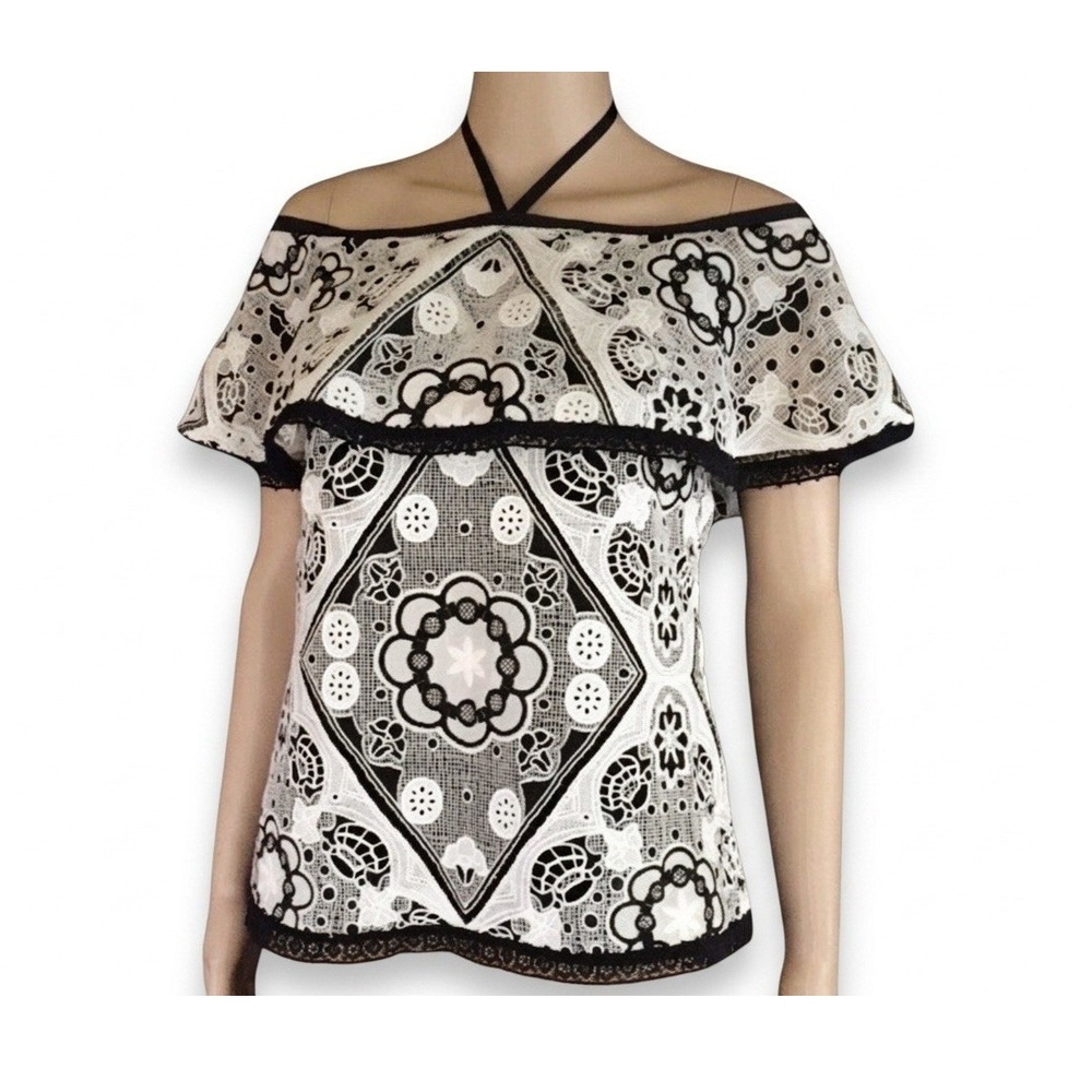 ALEXIS Black White Lace Off Shoulder Short Sleeve Blouse S
